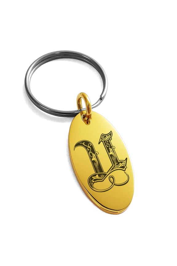 Stainless Steel Letter U Initial Royal Monogram Engraved Small Oval Charm Keychain Keyring