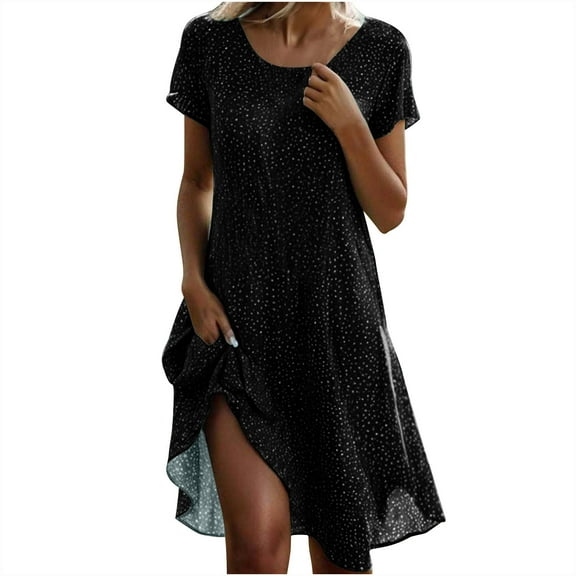 Admvng Womens Dresses Round Neck Swing Printed Short Sleeve Sundresses Beach Mini A-line Dress with Pockets S-3XL
