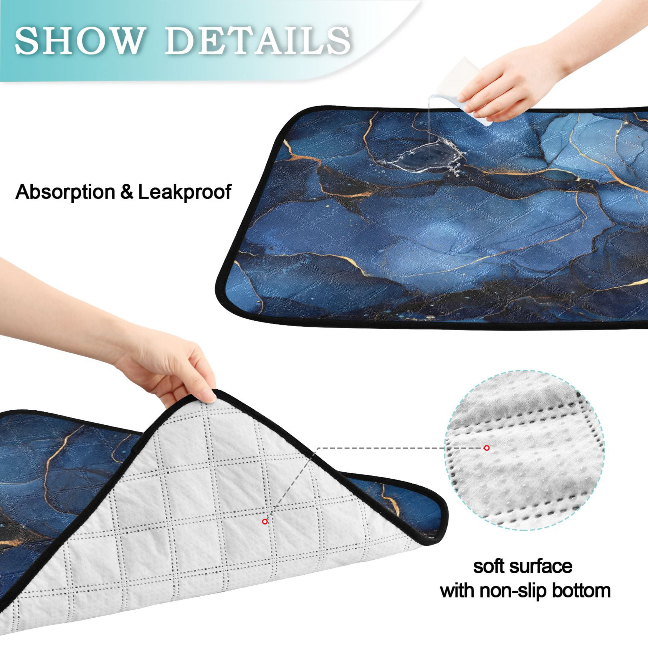 Qxltty Navy Blue Gilt Marble Cat litter Pads Pet Set of 2 Diaper Mats Center Anti-leakage Layer Absorbent Soft and Comfortable
