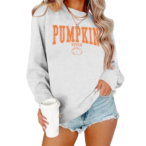 Womens Graphic Sweatshirt Crewneck Vintage Pumpkin Spice Letter Graphic Long Sleeve Fall Casual Loose Pullover Tops Light Gray L