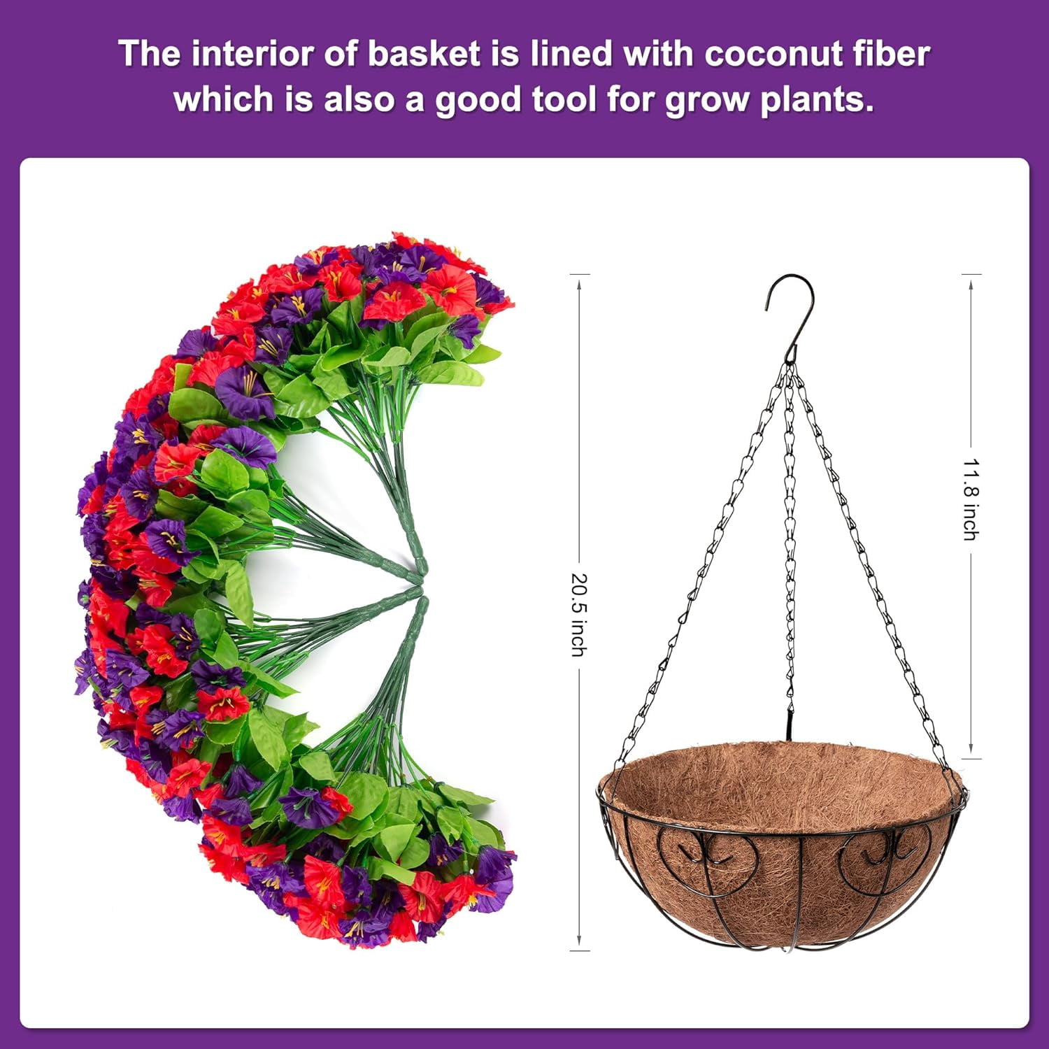 Artificial Hanging Flowers inch Basket, Faux Silk Petunias Flower Arrangement,Coconut Lining Planter with Morning Glories Plants Patio Garden Porch Deck Spring Decor(Lotus and Fuchsia)