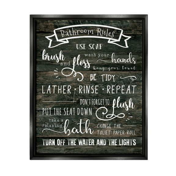 Stupell Industries Rustic Bathroom Rules Sign Good Hygiene List Jet Black Framed Floating Canvas Wall Art, 16x20, by CAD