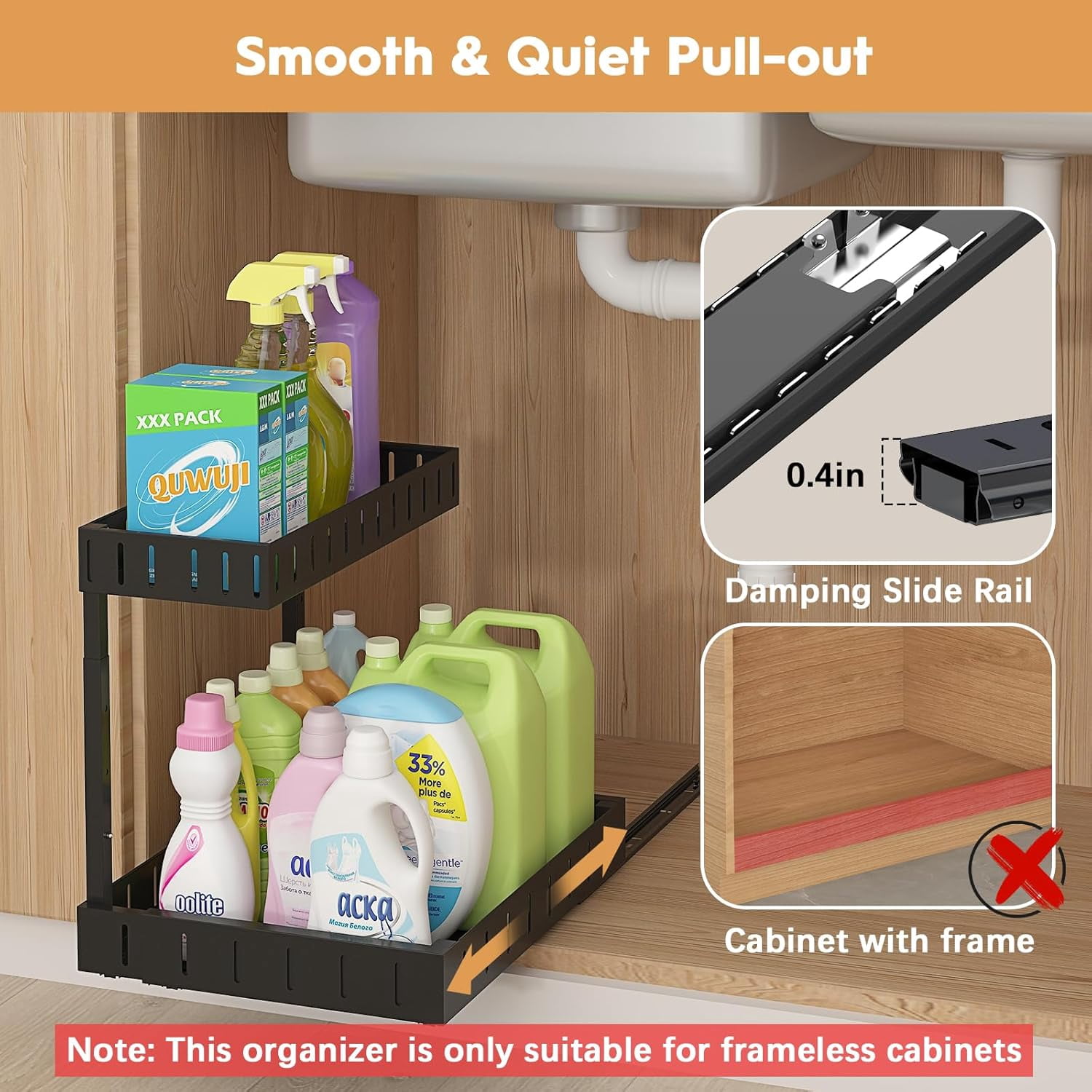 Under Sink Organizer, 2 Tier Expandable Under Cabinet Organizer, Heights Adjustable Pull Out Storage for Kitchen Bathroom Laundry, White, 2 Pack