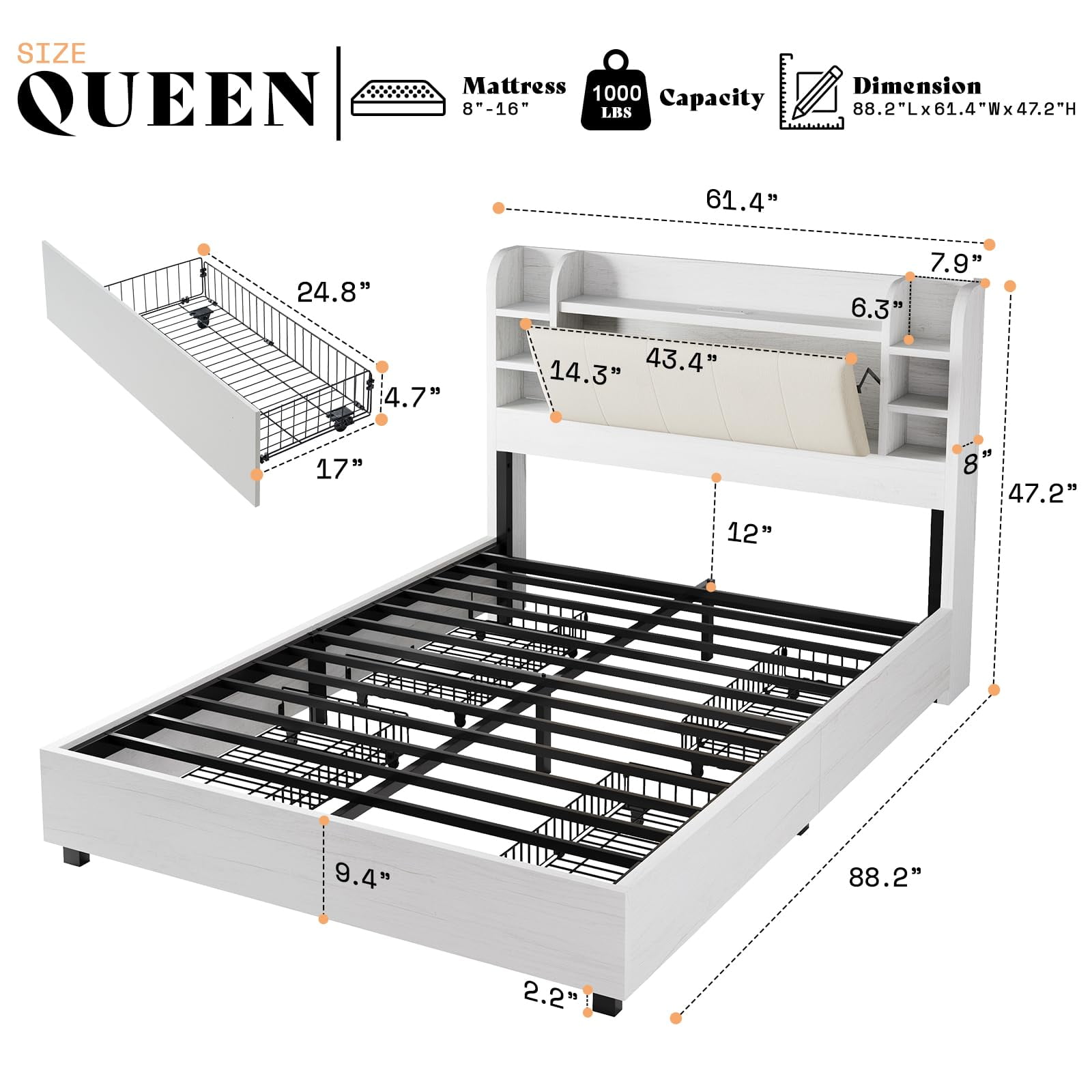 Amerlife Queen Size Bed Frame with Drawers,Upholstered Bookcase Headboard and Charging Station,White