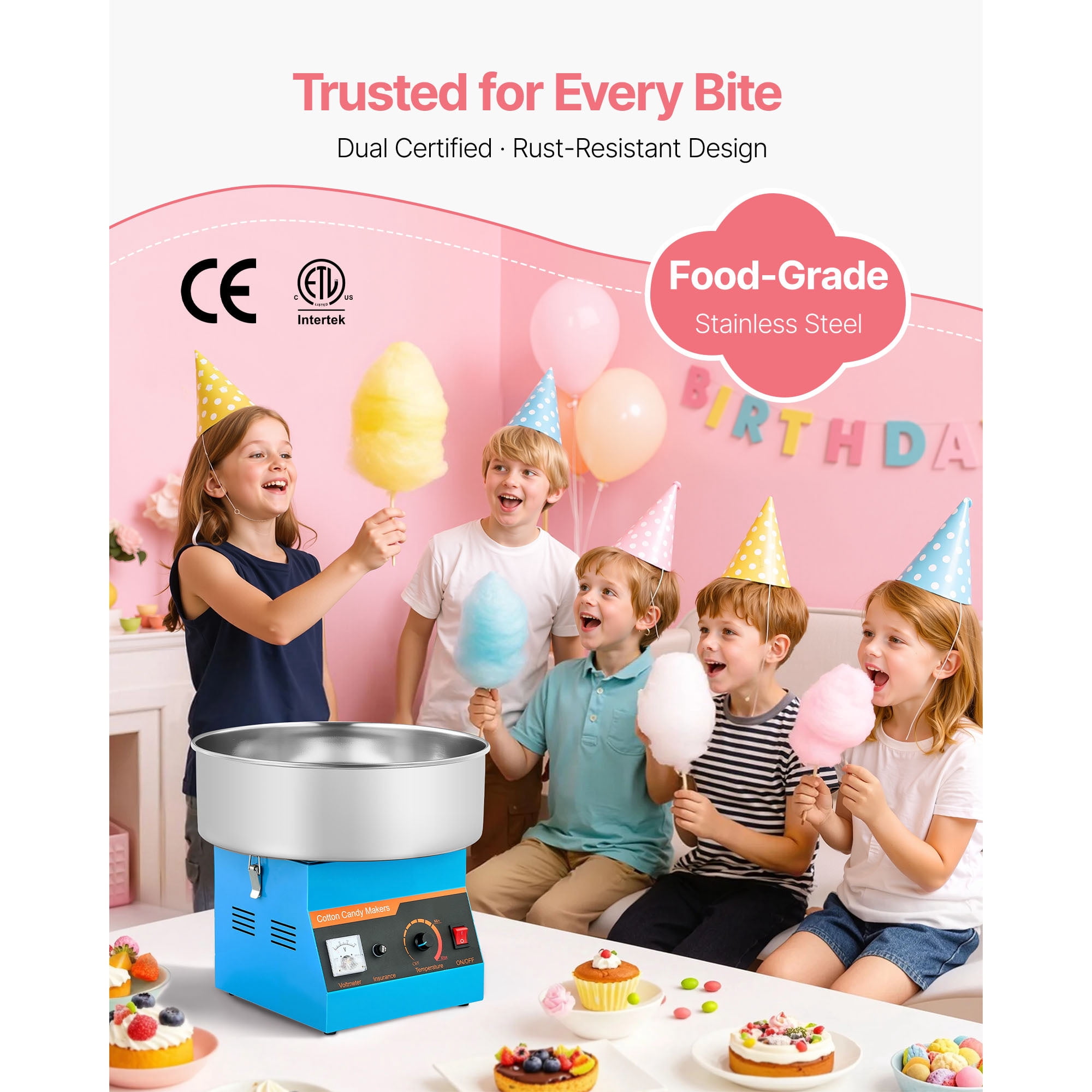KFFKFF Commercial Cotton Candy Machine, 1000W Electric Floss Maker with 15-Inch Stainless Steel Bowl and Sugar Scoop, Suitable for Hard Candy, Perfect for Home, Kids' Birthdays, and Family Gatherings