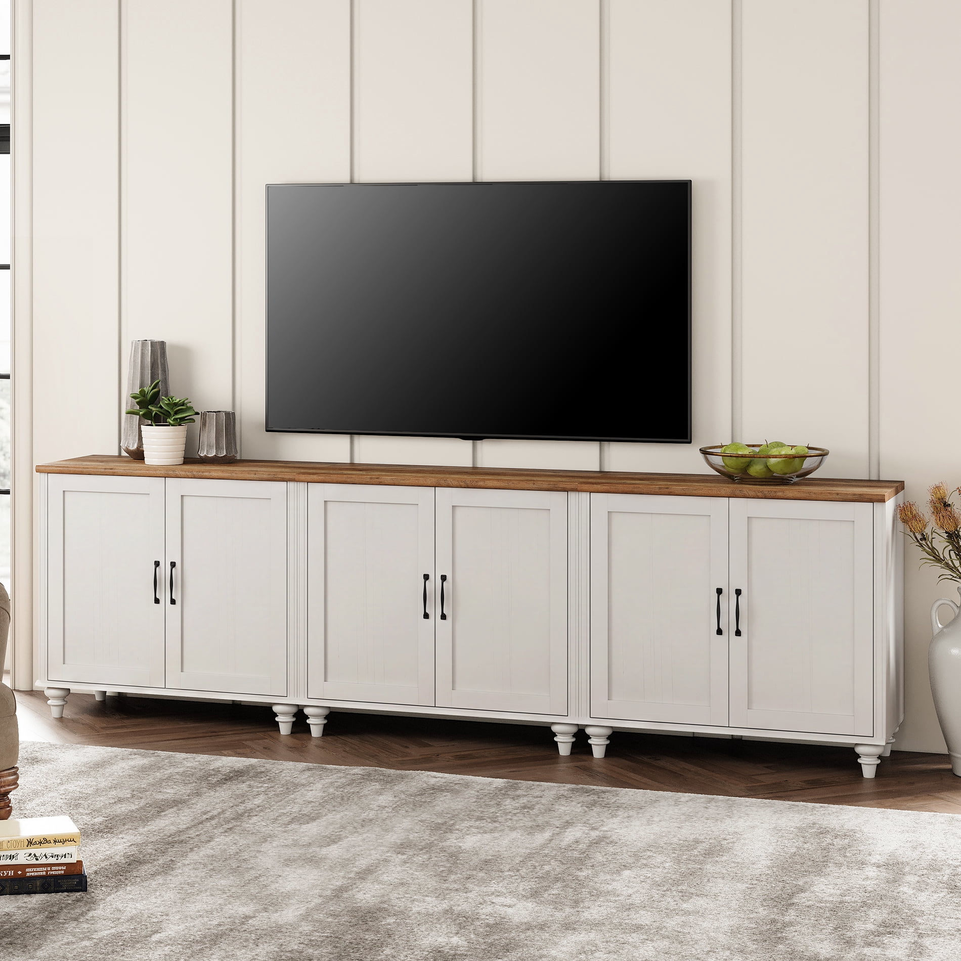 TV Stand For 100 Inch TV Inch TV, 3-In-1 TV Console Table For 75/80/85/90 Inch TV, Entertainment Center With 6 Wood Doors, White