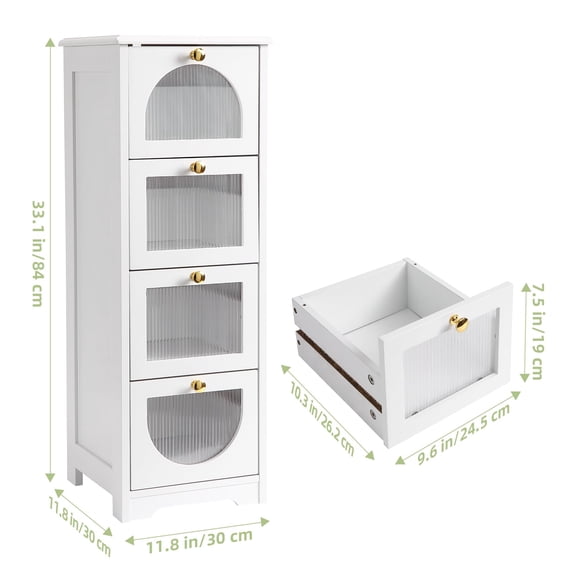 TROPOW Bathroom Floor Cabinet, Freestanding Small Bathroom Storage Cabinet with 4 Drawers, 11.8" x 11.8" x 33.1" White Wooden Storage Organizer for Bathroom Living Room Hallway