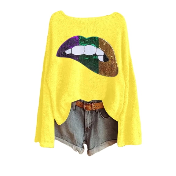 IWRICH Mardi Gras Shirts for Women Long Sleeve Crew Neck Lips Printed Sweatshirts Carnival Tops Spring Fashion Clothes Yellow XL