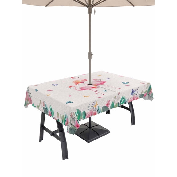 Outdoor Tablecloths with Umbrella Hole & Zipper, Pink Flamingo Rectangle Tablecloth 60x120 Inch, Tropical Botanical Summer Flower Rustic Waterproof Table Cloth, Patio/Pool/Picnic Table Covers