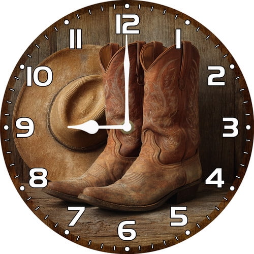 Soliyoahee Western Cowboy Hat and Boot Wall Clock 10inch Wooden Round Modern Art Clock Silent Non-Tick Battery Powered for Home Kitchen Bedroom Bathroom