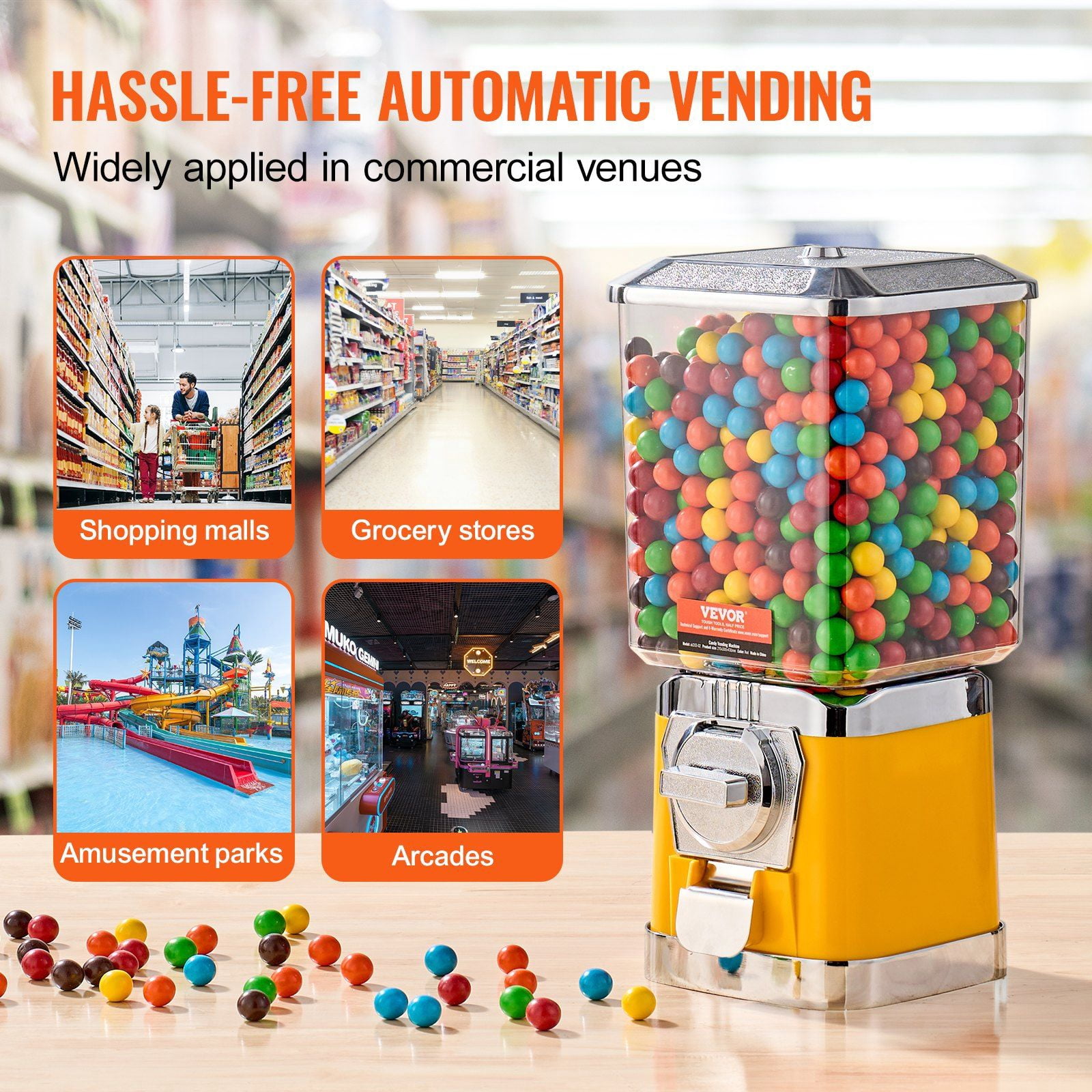 Gumball Machine , 17" Candy Dispenser, Coin Operated, PC Vending Machine for Bouncy Balls & Capsules, Yellow Retro Candy Bank