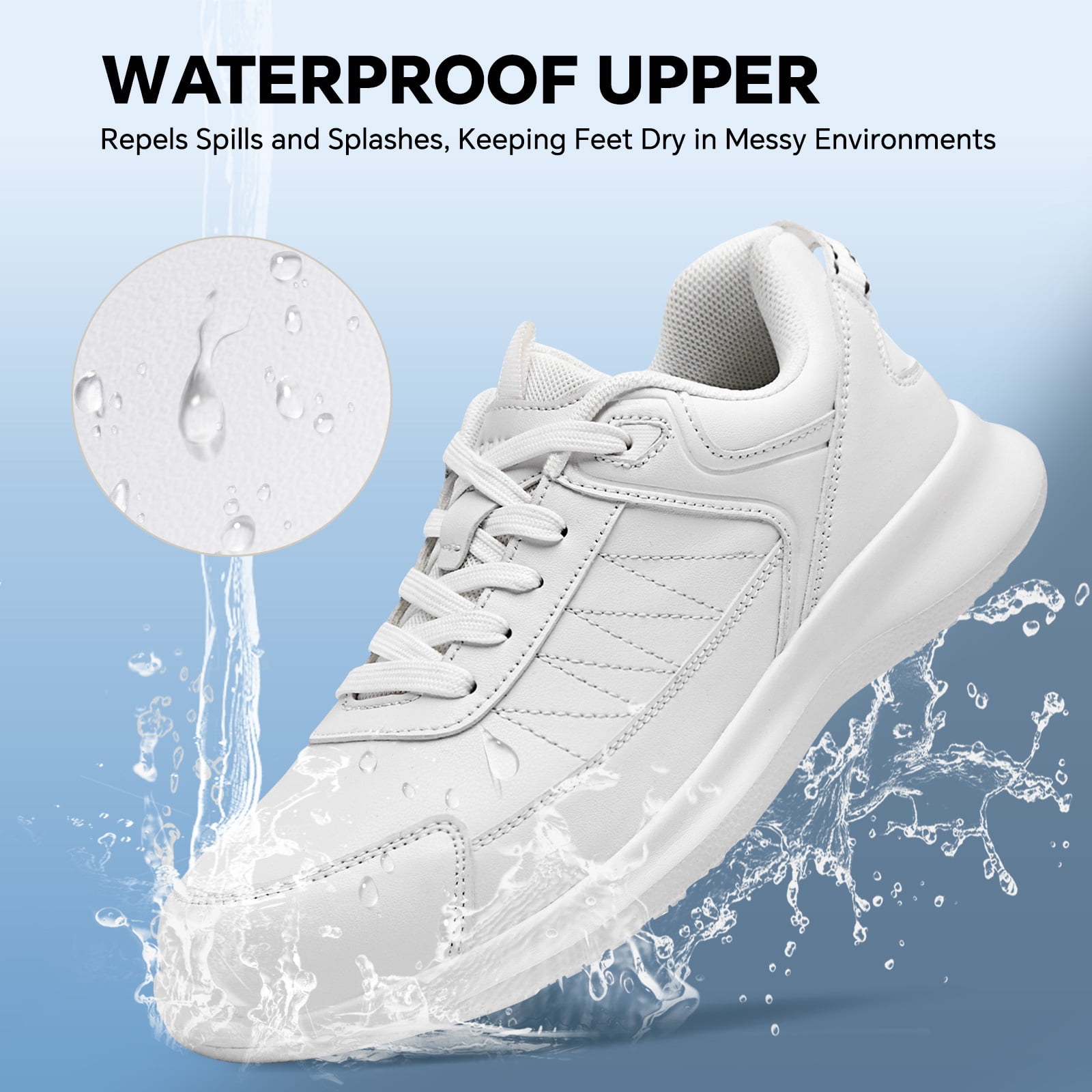 SPIEZ Women’s Non-Slip Work Shoes, Waterproof Oil-Resistant Lightweight Sneakers for Nurses Chef Kitchen Restaurant, with Arch Support, White Size 7.5