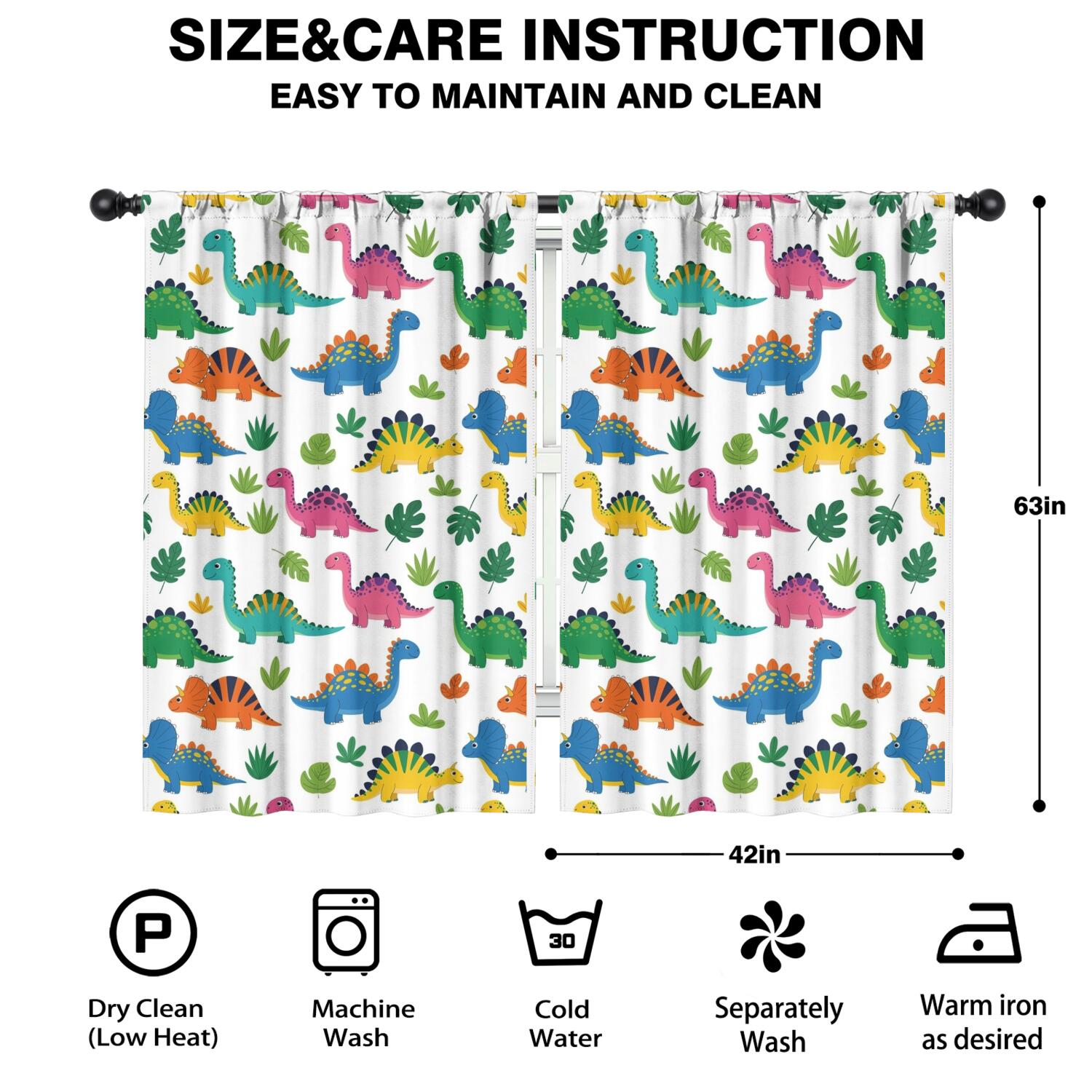 Blackout Kids Curtains,Vivid Colored Dinosaur and Leaf Pattern Childrens Insulated Curtains Set Of 2,Bedroom Essentials,Toddler Room Decor 42"x63"