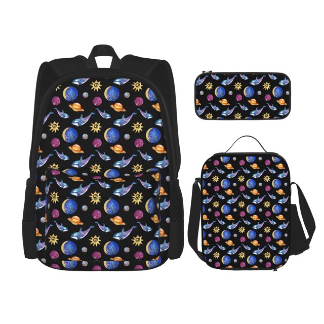 Disketp Whales In Space Mochila Estampada de Gran Capacidad con Lonchera y Estuche, Set de 3 Piezas para Estudiantes