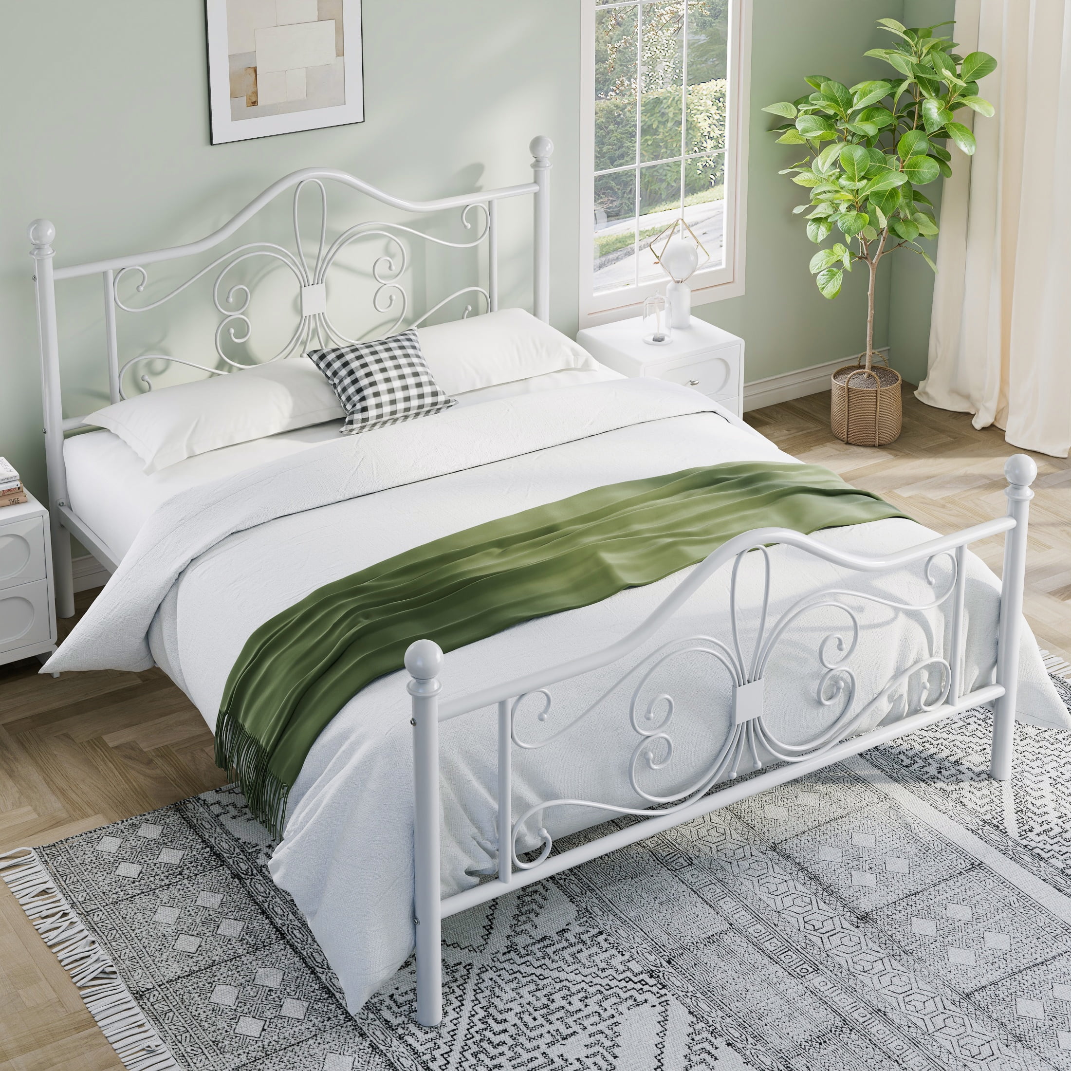 Sha Cerlin Queen Size Metal Platform Bed Frame with Victorian Vintage Butterfly Headboard&Footboard, White
