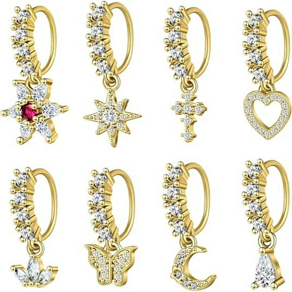 8-Piece Sparkling Nose Piercing Jewelry Set, Gold Plated Surgical Steel, Leaf Butterfly Dangle Hoops & Studs, for Septum Cartilage Helix, Daily and Party Wear