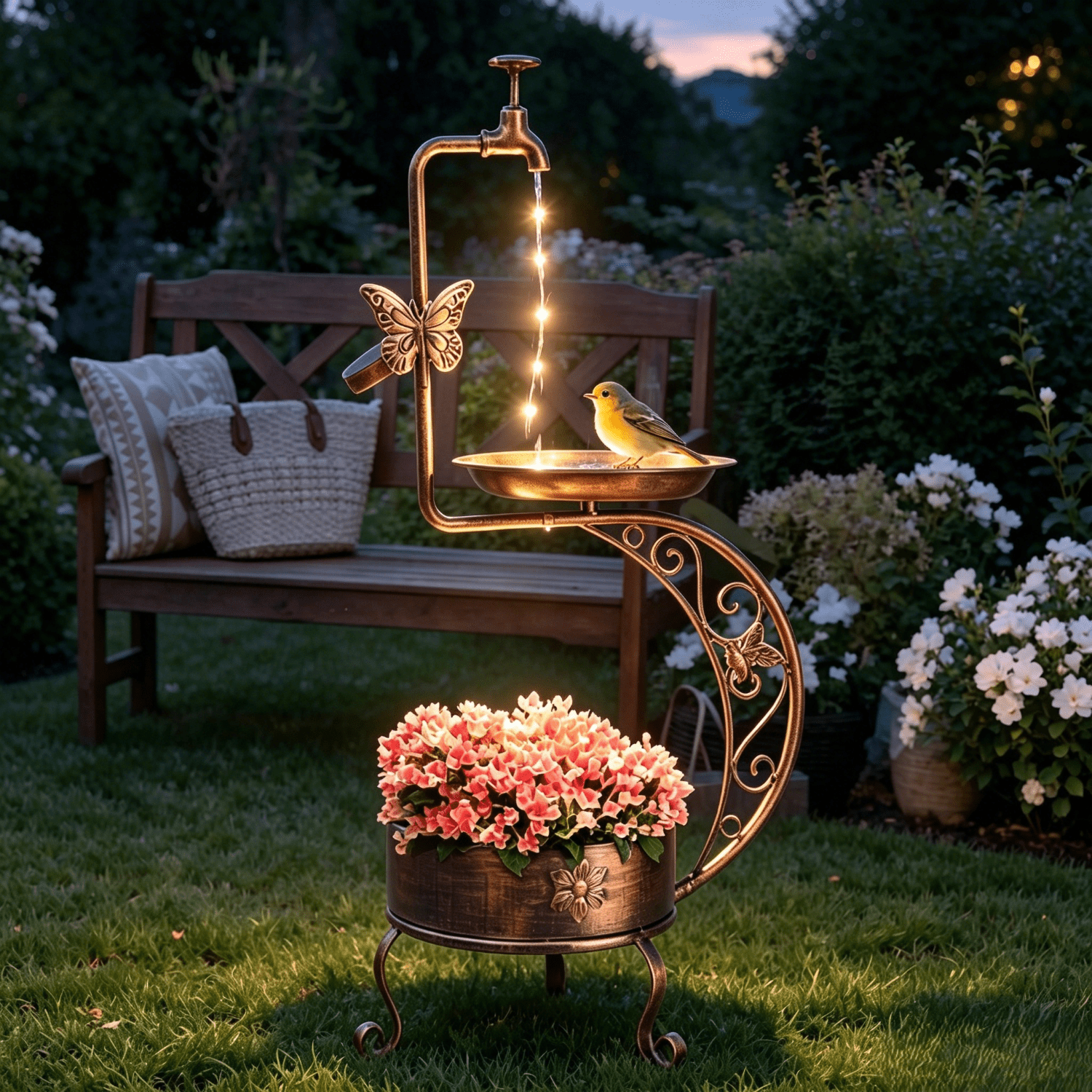 Ktaxon 36 Inch Height Garden Bird Bath for Outdoors, with Solar Lamp and Flower Planter Pedestal Standing Bird Feeder, Bronze