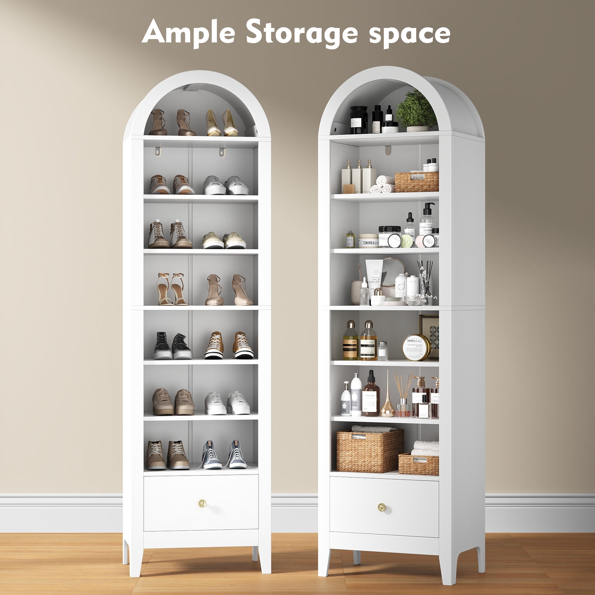NEYGLIM 71" Tall Arched Storage Cabinet, 8-Tier Adjustable Shelves, Freestanding Pantry Cabinet for Kitchen Bathroom, White