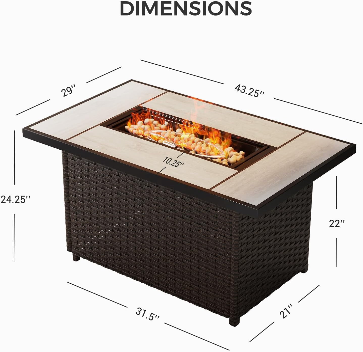 Propane Fire Pit Table with Cover/Lid for Patio, 43 inch 50,000 BTU, All-weather Resin Wicker/Rectangle