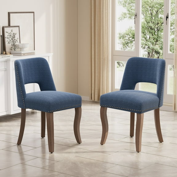 Katboc Modern Dining Chairs Set of 2, Farmhouse Fabric Upholstered Kitchen Chairs with Rubberwood Legs, Curved Backrest & Copper Nails, for Dining Room Kitchen, Blue