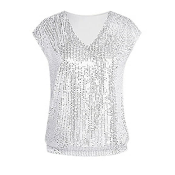 VNKIDY Women's Solid Color Sequin V Neck Tank Top Sleeveless Loose Fit T Shirts For Evening Party Casual Daily Wear Classic Tops