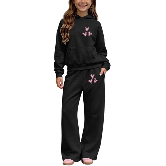 FSYBOA Girls Winter Outfit Set Size 10-12, Hooded Pullover Kids Graphic Tops and Wide-leg Pants Black