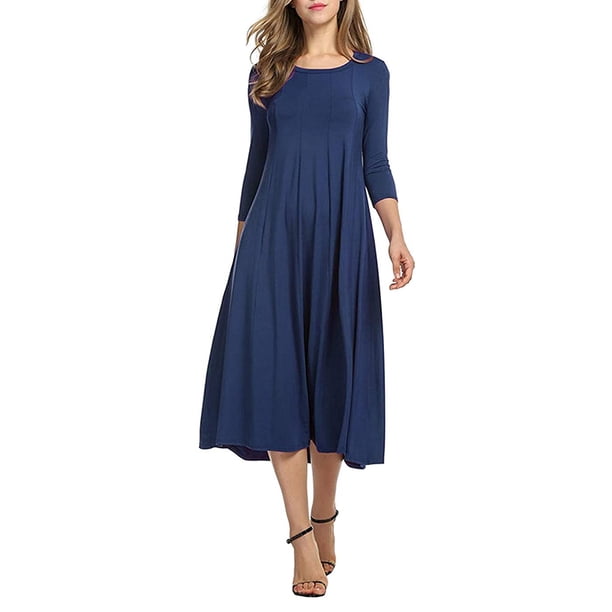 Qarigey Vestido de mujer Cuello Otoño Vestido de mujer Traje de cuello Media manga Vestido de columpio grande Vestidos Azul oscuro XXL