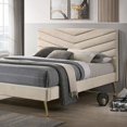 thumbnail image 5 of Queen Bed: Mid-Century Modern Beige Flannelette Chevron Tufted Headboard, Gold Legs, Bedroom Furniture. 86" x 65" Upholstered Bed Frame, Vintage Style., 5 of 6
