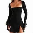 thumbnail image 3 of Womens Square Neck Bodice Dress Long Sleeve Side Slit Flare Mini Dresses Black L, 3 of 9