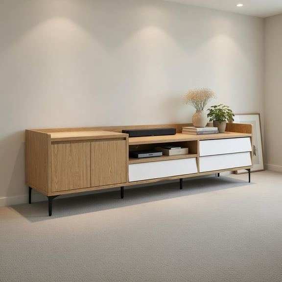 Resenkos TV Stand for TVs up to 80 Inch Mid Century Modern, Entertainment Center with Storage Cabinet for Living Room, Natural and White