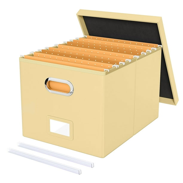 Caja organizadora de archivos Oterri con tapa de cuero amarillo crema