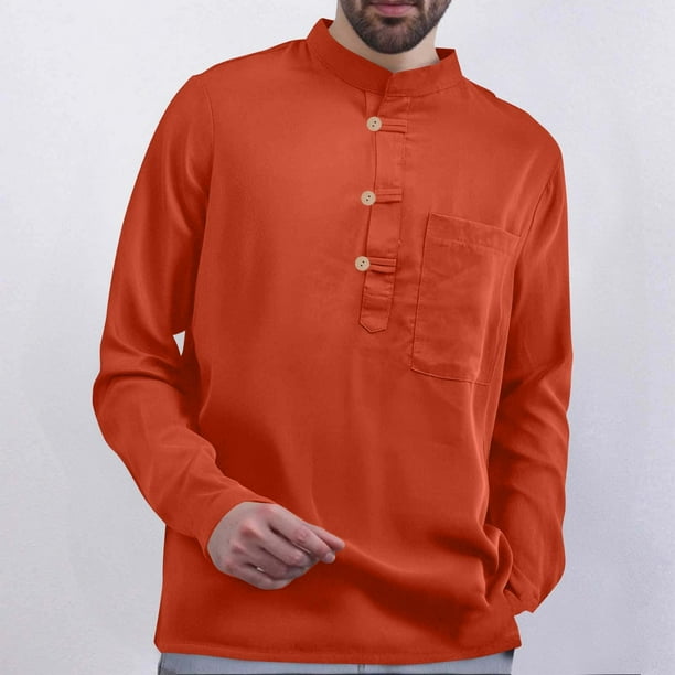 pstuiky manga larga de hombre, Camisa de manga larga con cuello alto y botones, holgada, informal, de color liso, a la moda, para hombre salir tops l