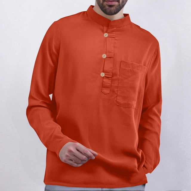 Blusa y camisa de manga larga con cuello alto para hombre, color liso, informal, holgada, a la moda, con botones y bolsillo, blusa de manga larga con cuello alto, blusa de poliéster para hombre