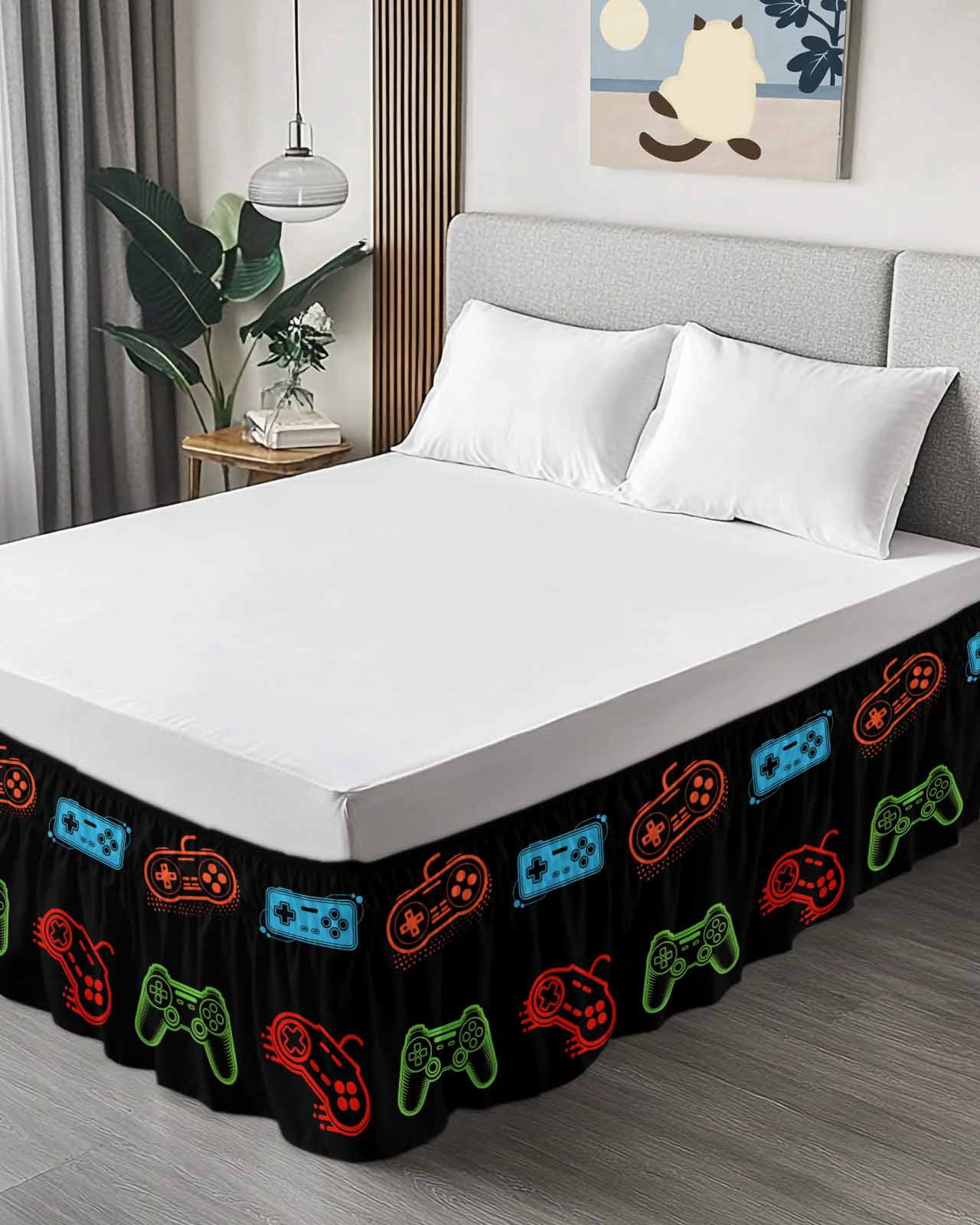 Game Controller Bed Skirt Queen Size, Modern Art Gaming Handheld Black Wrap Around Bed Skirting with Adjustable Elastic Strap, Dust Ruffle Pleated Bedskirts 16 Inch Drop for Bedroom Queen Beds