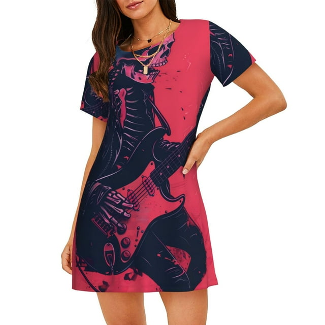 Wukai Rock Skull Imprimé Guitariste Chemise de Nuit à Manches Courtes pour Femmes, Robe de Sommeil Douce pour une Relaxation Confortable, Tenue Décontractée