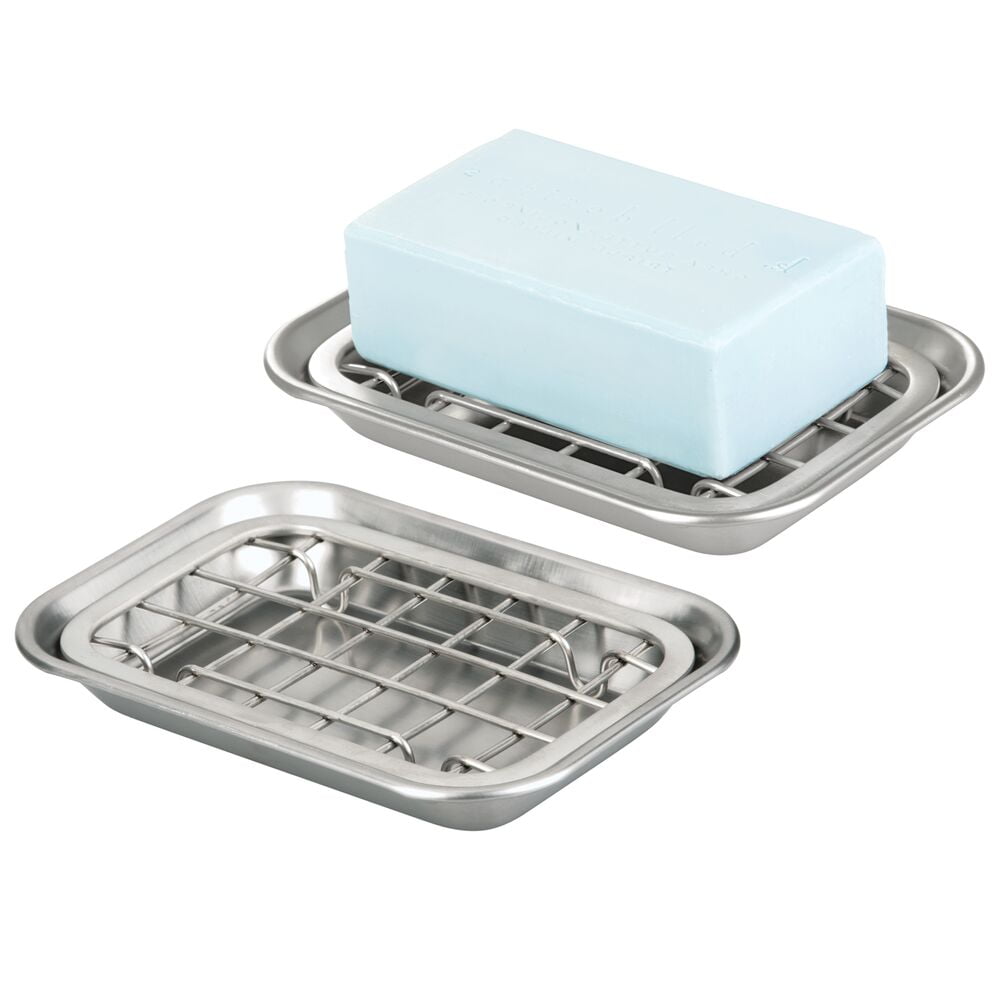 mDesign Metal 2Piece Soap Dish Tray with Drainage Grid and Holder for