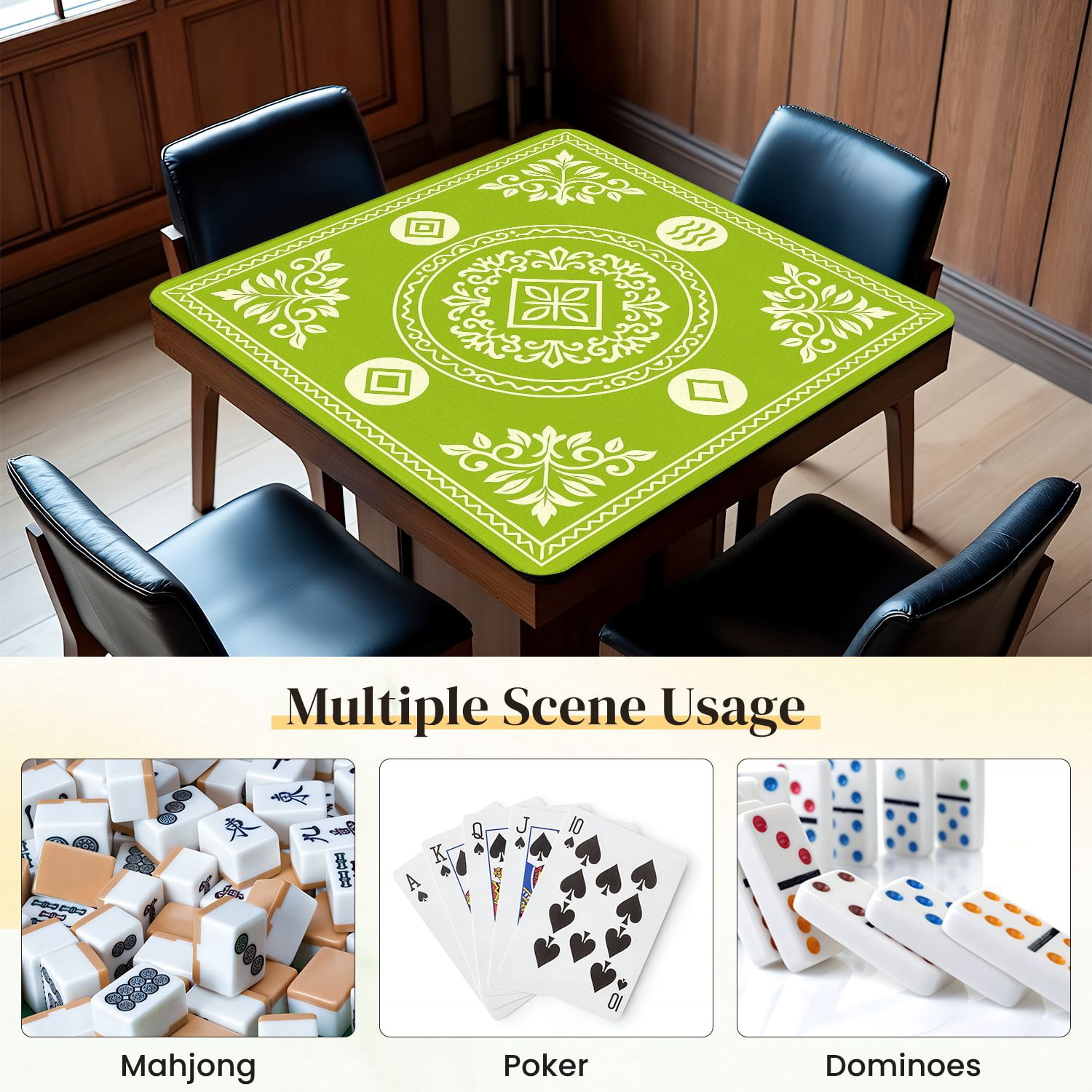 Mahjong Mat 31.5" x 31.5" Green Floral Mandala Diamond Wave Elements Anti-Slip and Noise Reduction Symmetry Design Mahjong Tiles Table Cover for Dominoes Poker Card Board and Tile Games