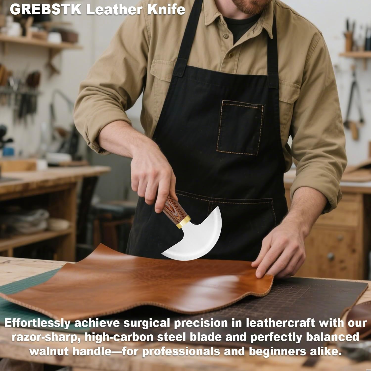 ABPETE Round Head Leather Knife - High Carbon Steel Half Moon Skiving & Cutting Tool for Leather Craft DIY, Belts - Walnut Handle (Professional/Beginner Tool)
