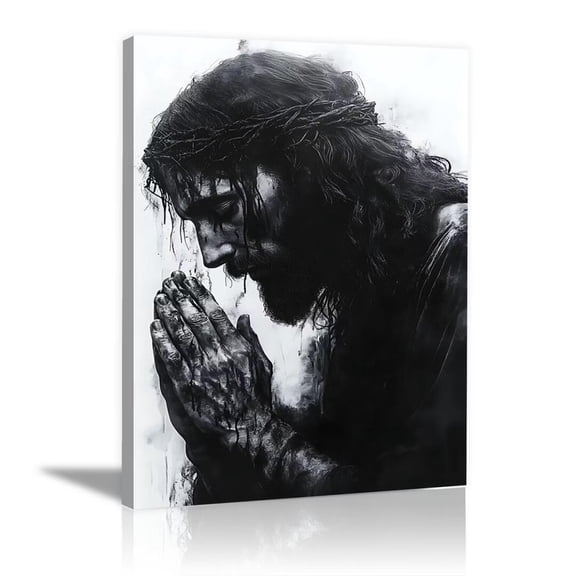Mudket Jesus Praying Canvas Wall Art, Black and White Crown of Thorns Jesus Christ Canvas Print, Religious Christian Catholic Wall Decor for Bedroom Church, Framed Ready to Hang - 12"L x 8"W