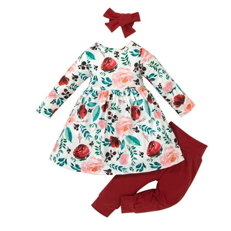 

Rovga Girls Outfit Sets Toddler Girls Short Sleeve Flowers Printed Skirt Solid Color Pants Headbands Outfits Baby Chothing Suit
