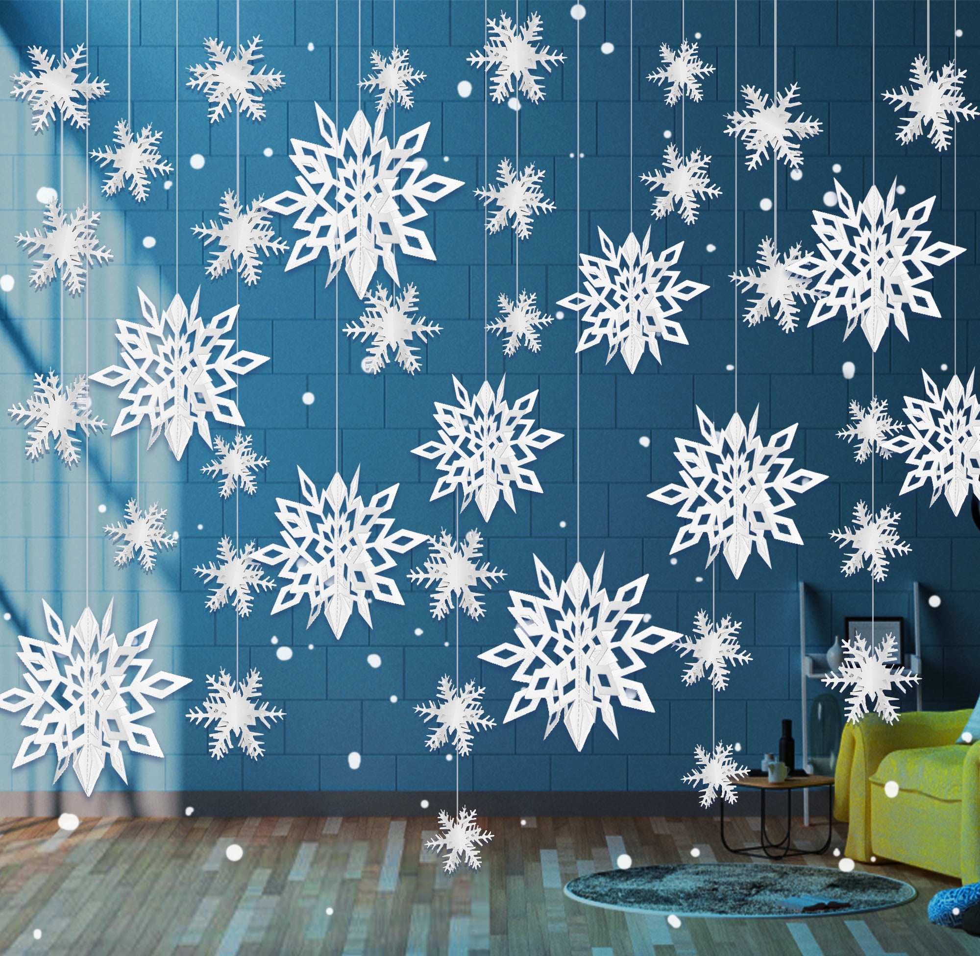 White Snow Flakes Hanging on Strings Stock Vector - Illustration