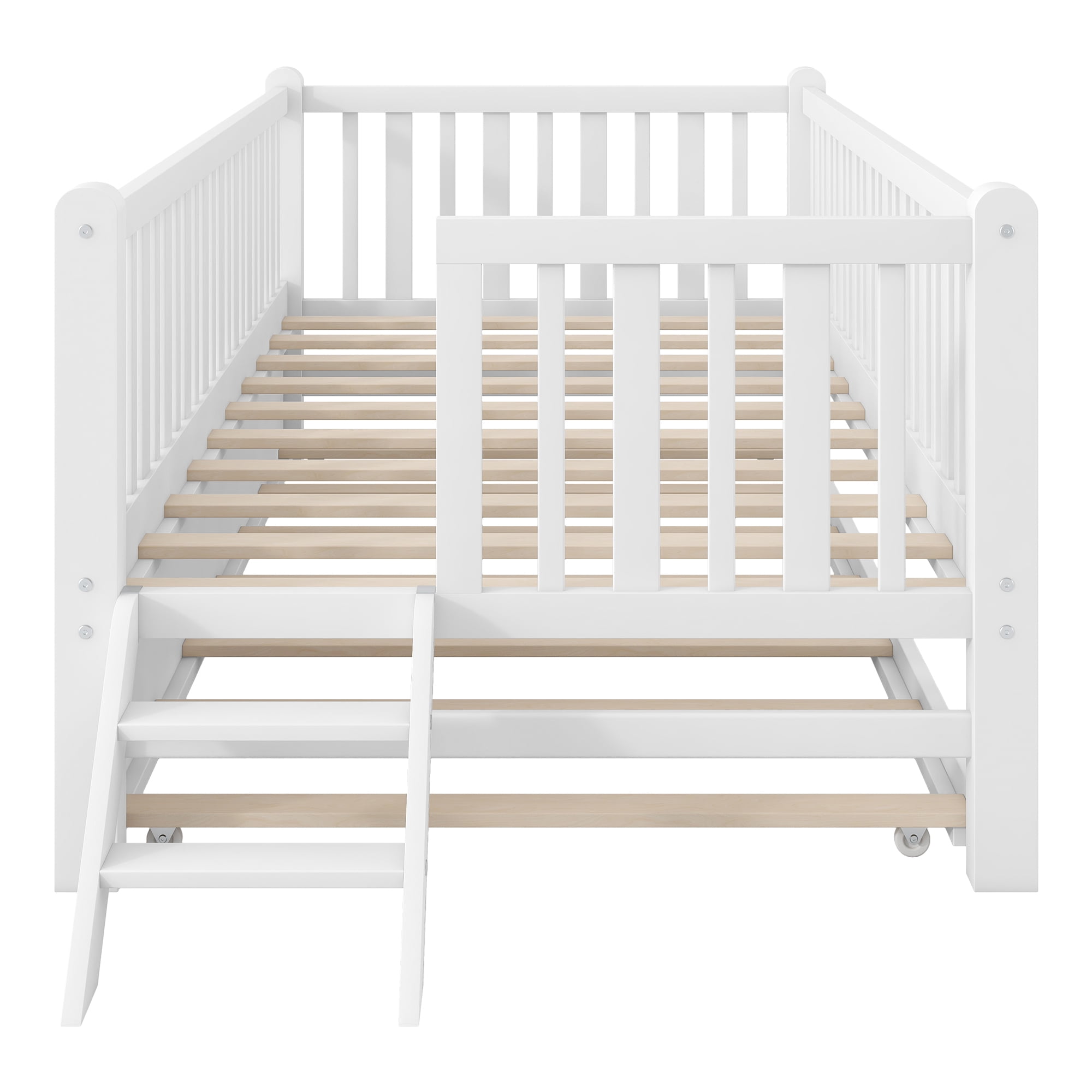 Euroco Wood Twin Size Platform Bed with Trundle, Guardrail Bed for Kids Teens Toddler, White