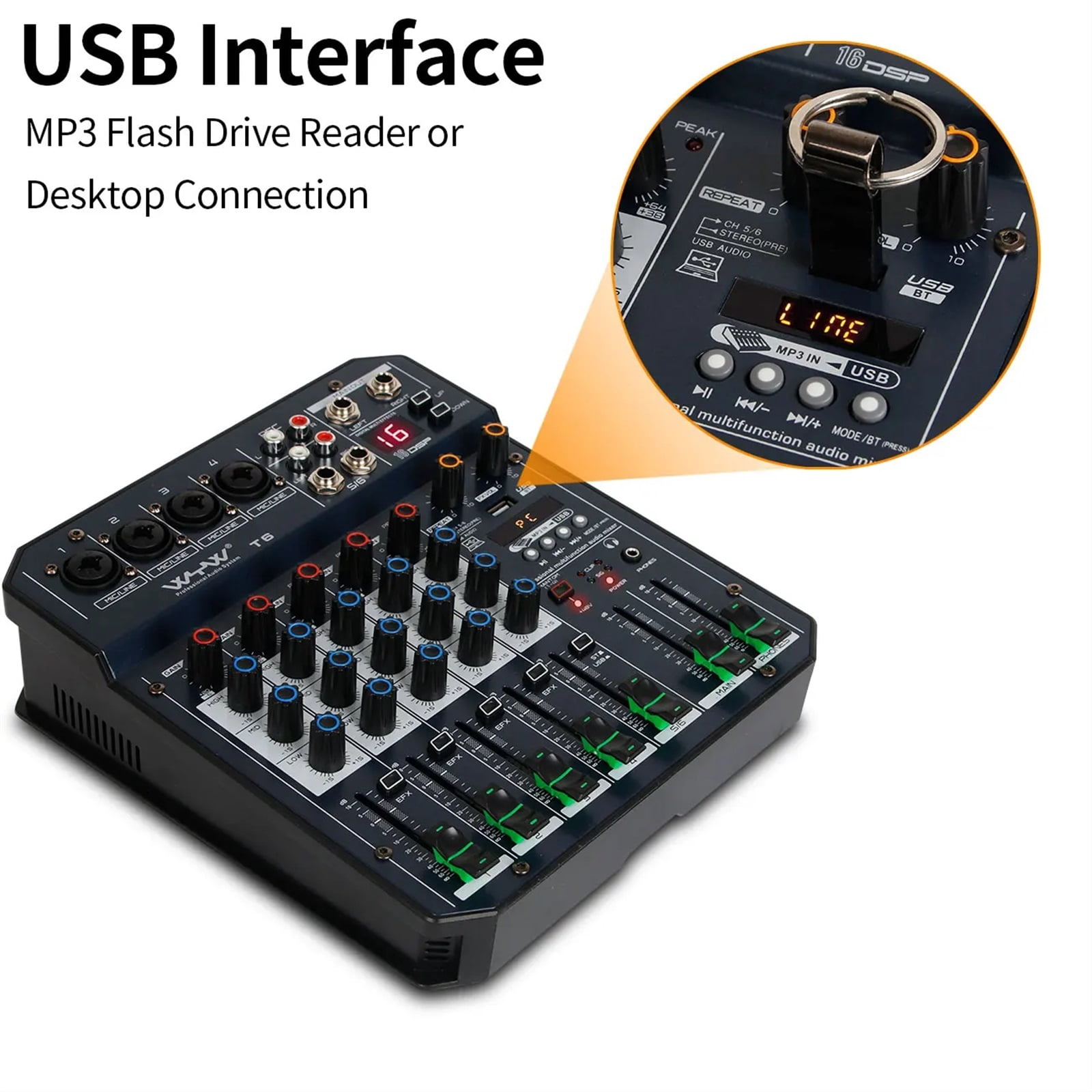 Sound Table T6 Au-dio Mixer 6-Channel Sound Card Processor 16DSP Sound Controller Interface for PC Recording Streaming