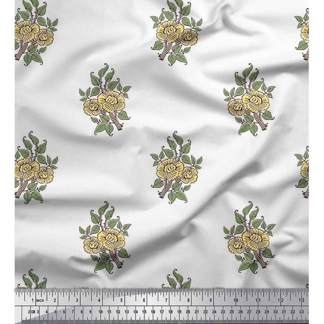 Soimoi Modal Satin Fabric Leaves & Floral Block Print Sewing Fabric Yard 42 Inch Wide
