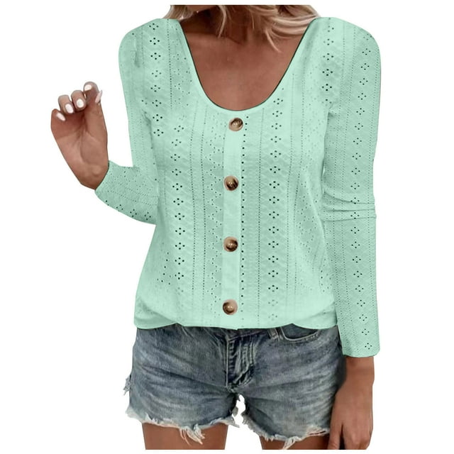 aidice Hauts Grande Taille pour Femmes Manches Longues à Illets Boutonné Col Rond Chemises Décontractées Confortables