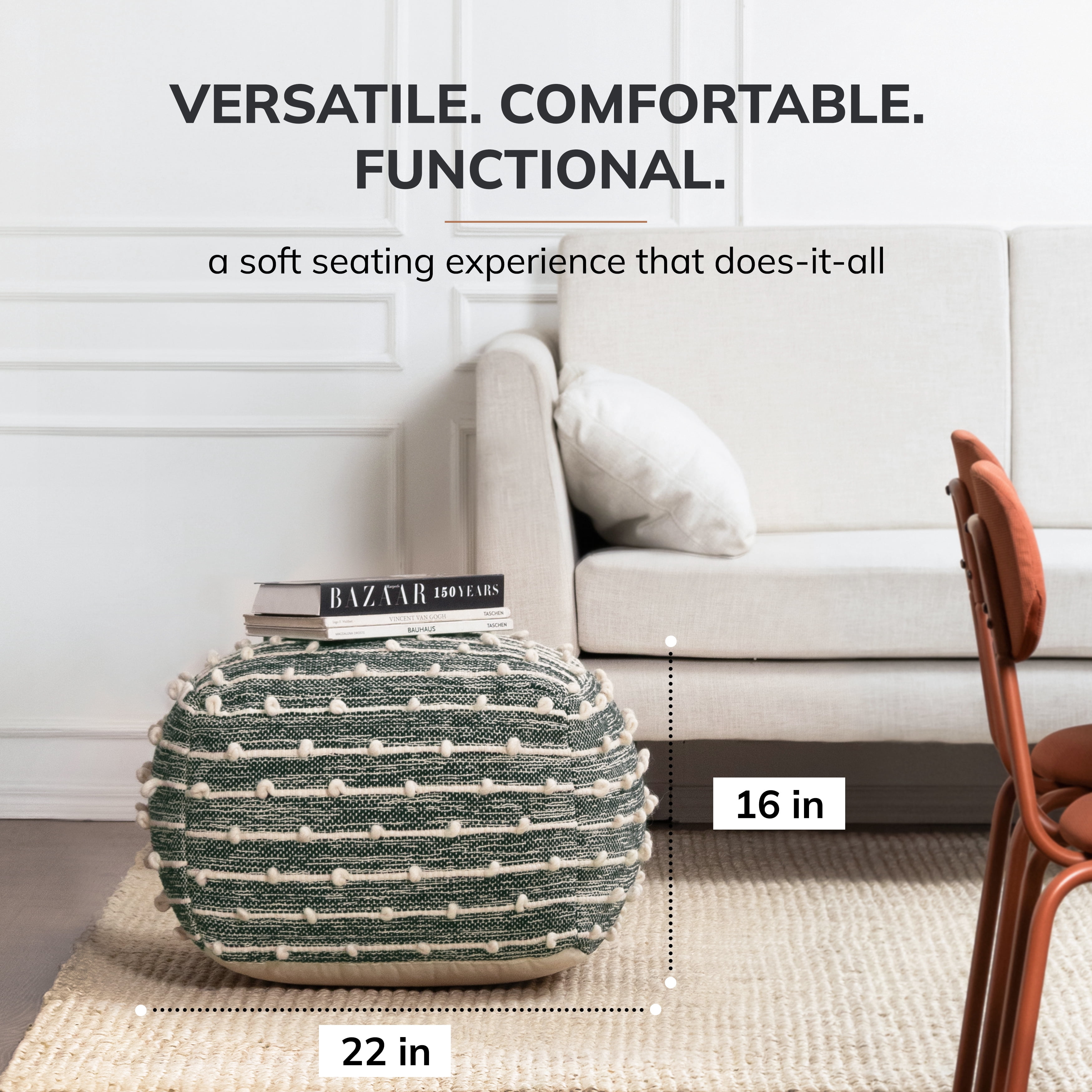 Cedar 22" x 22" x 16" Green & Ivory Pouf