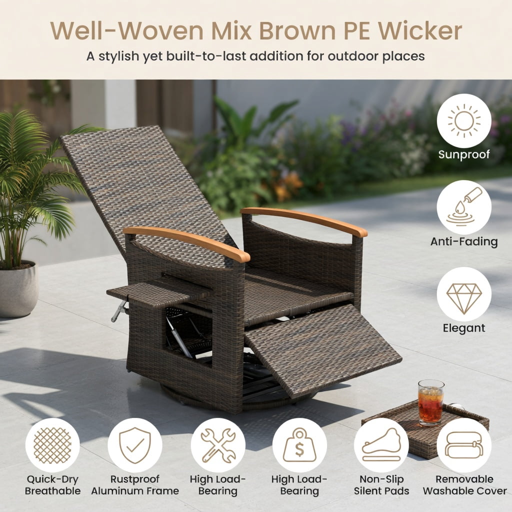 Hommoo 360° Swivel Outdoor Recliner Chair with Adjustable Backrest & Footrest, PE Rattan Patio Seating for Backyard, Porch, Poolside, White