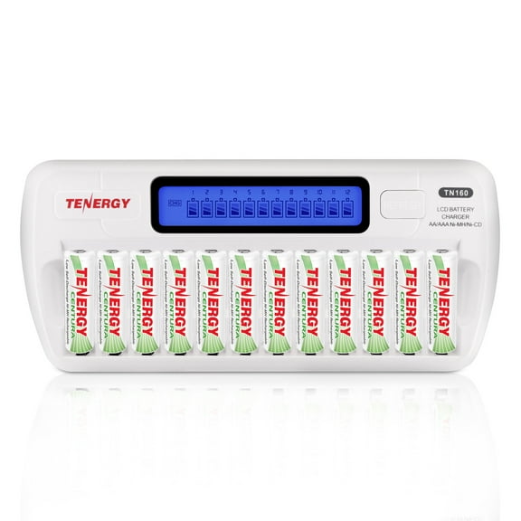 Tenergy TN160 12-Bay LCD Charger And 12 Pack Centura AA Rechargeable Batteries