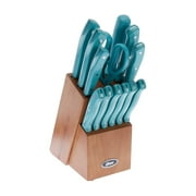 Oster Evansville 14 Piece Stainless Steel Cutlery Set with Turquoise Plastic Handle and Black Rubber Wood Block