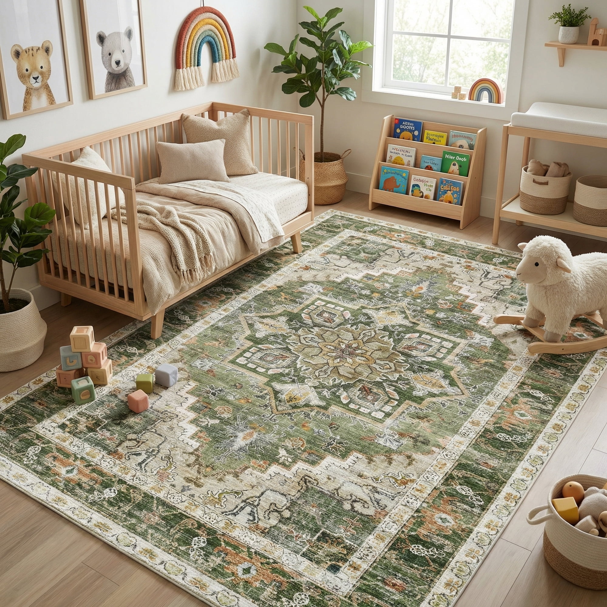 Kokia 6x9 Oriental Area Rug Living Room Washable Non Slip Boho Soft Rugs Bedroom Dining Room Decor-Green